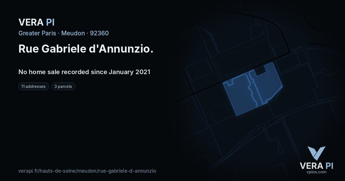 Rue Gabriele d'Annunzio, Meudon at night – every parcel coloured by the prices around it, the street's own parcels lit