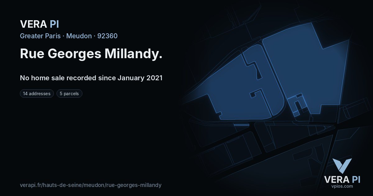 Rue Georges Millandy, Meudon at night – every parcel coloured by the prices around it, the street's own parcels lit