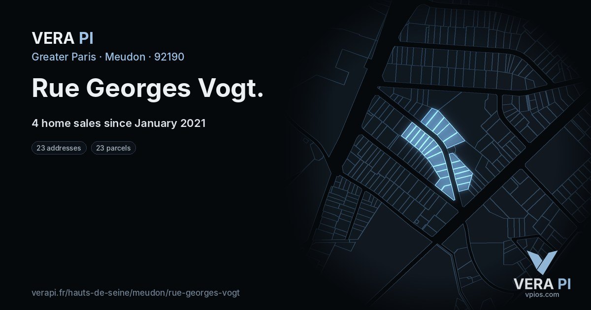 Rue Georges Vogt, Meudon at night – every parcel coloured by the prices around it, the street's own parcels lit