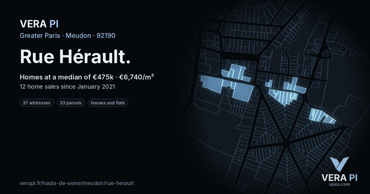Rue Hérault, Meudon at night – every parcel coloured by the prices around it, the street's own parcels lit