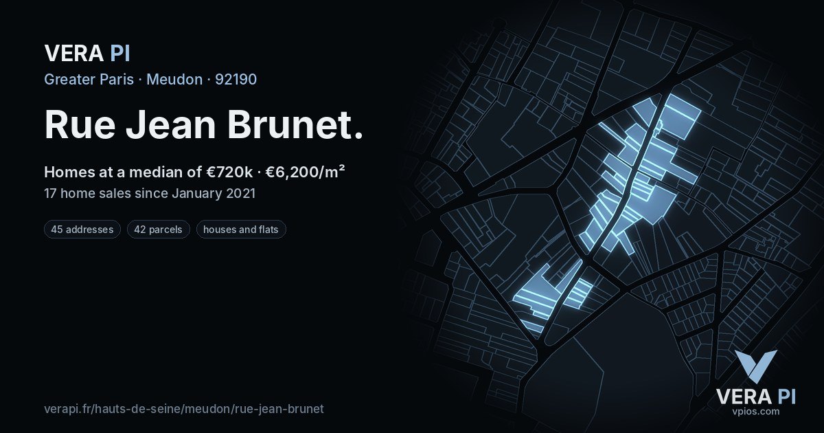 Rue Jean Brunet, Meudon at night – every parcel coloured by the prices around it, the street's own parcels lit