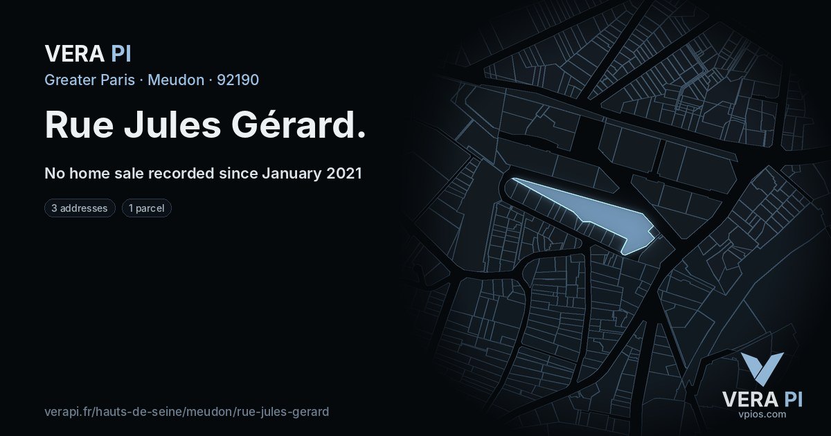 Rue Jules Gérard, Meudon at night – every parcel coloured by the prices around it, the street's own parcels lit
