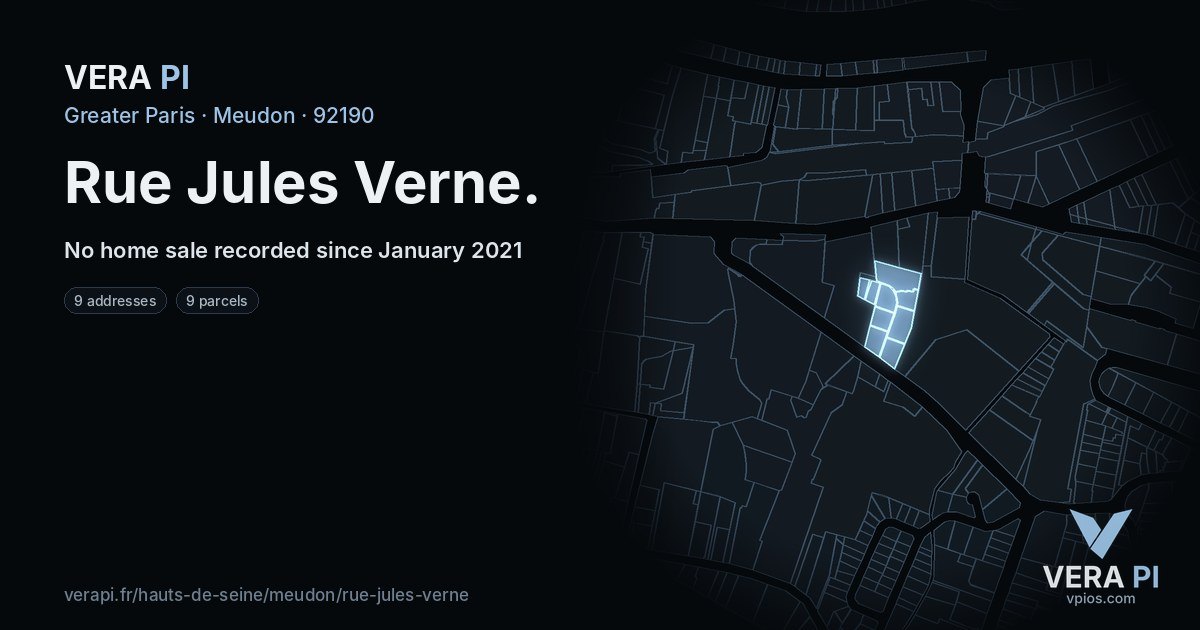 Rue Jules Verne, Meudon at night – every parcel coloured by the prices around it, the street's own parcels lit