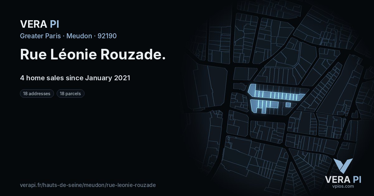 Rue Léonie Rouzade, Meudon at night – every parcel coloured by the prices around it, the street's own parcels lit
