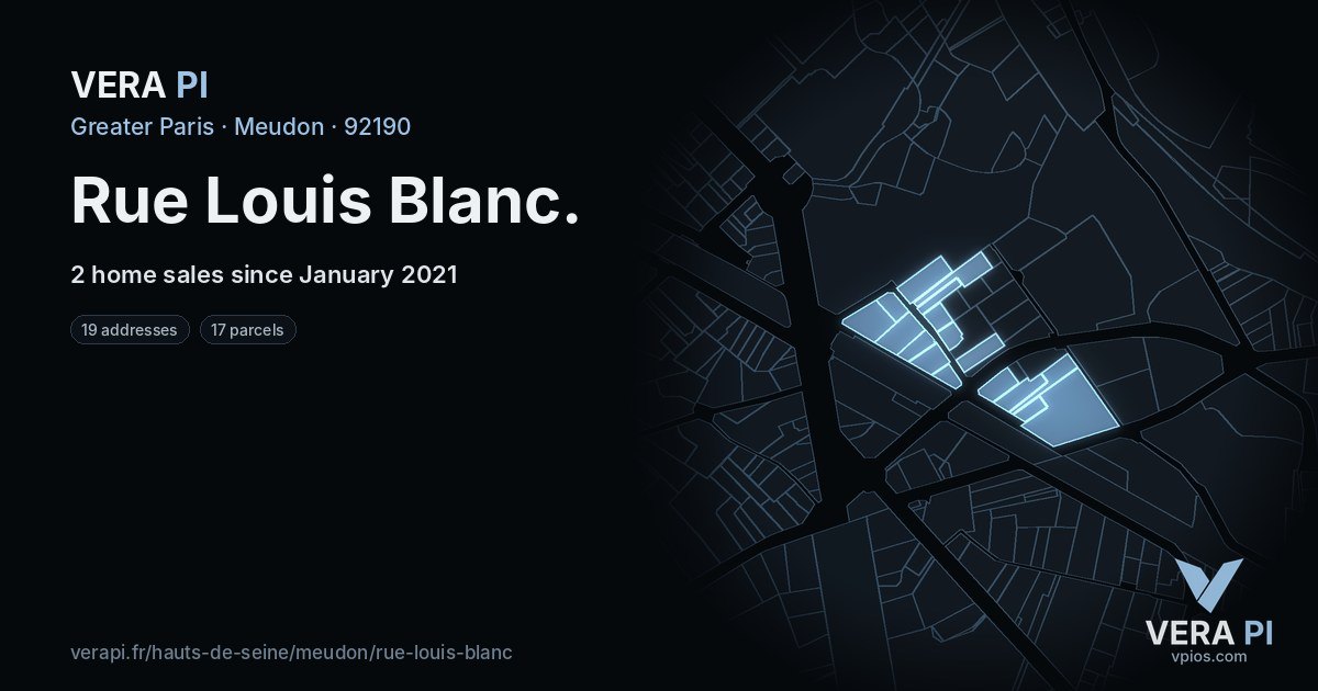 Rue Louis Blanc, Meudon at night – every parcel coloured by the prices around it, the street's own parcels lit