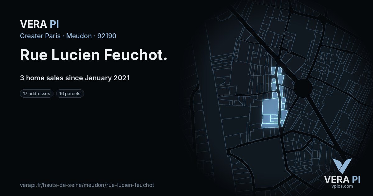 Rue Lucien Feuchot, Meudon at night – every parcel coloured by the prices around it, the street's own parcels lit