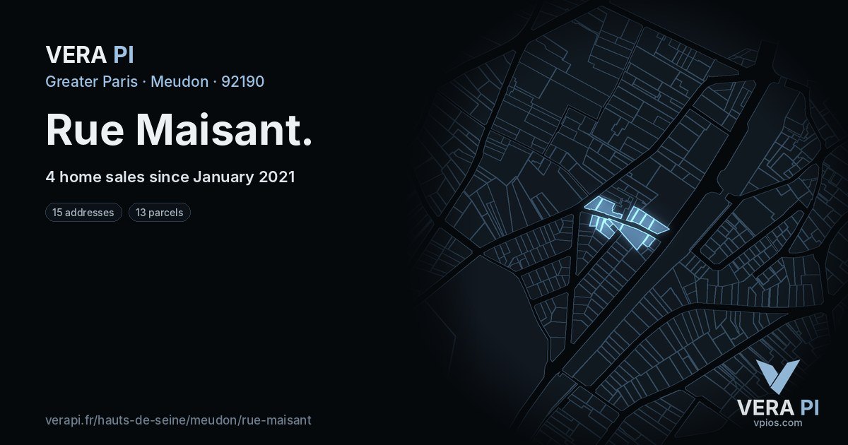Rue Maisant, Meudon at night – every parcel coloured by the prices around it, the street's own parcels lit