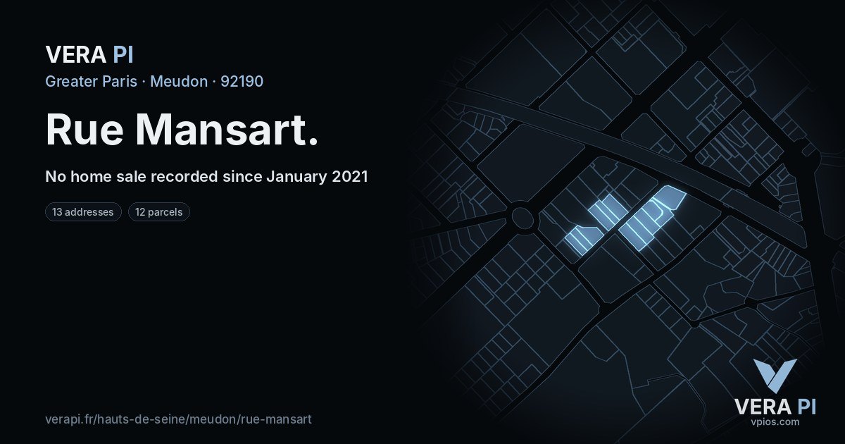 Rue Mansart, Meudon at night – every parcel coloured by the prices around it, the street's own parcels lit