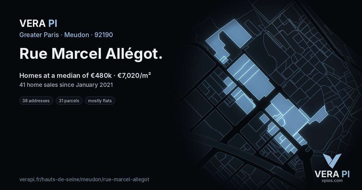 Rue Marcel Allégot, Meudon at night – every parcel coloured by the prices around it, the street's own parcels lit