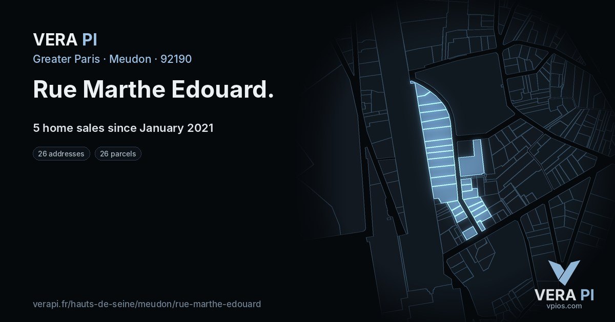 Rue Marthe Edouard, Meudon at night – every parcel coloured by the prices around it, the street's own parcels lit