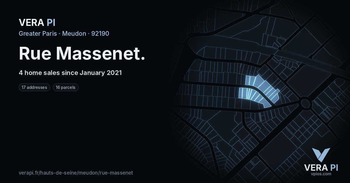 Rue Massenet, Meudon at night – every parcel coloured by the prices around it, the street's own parcels lit
