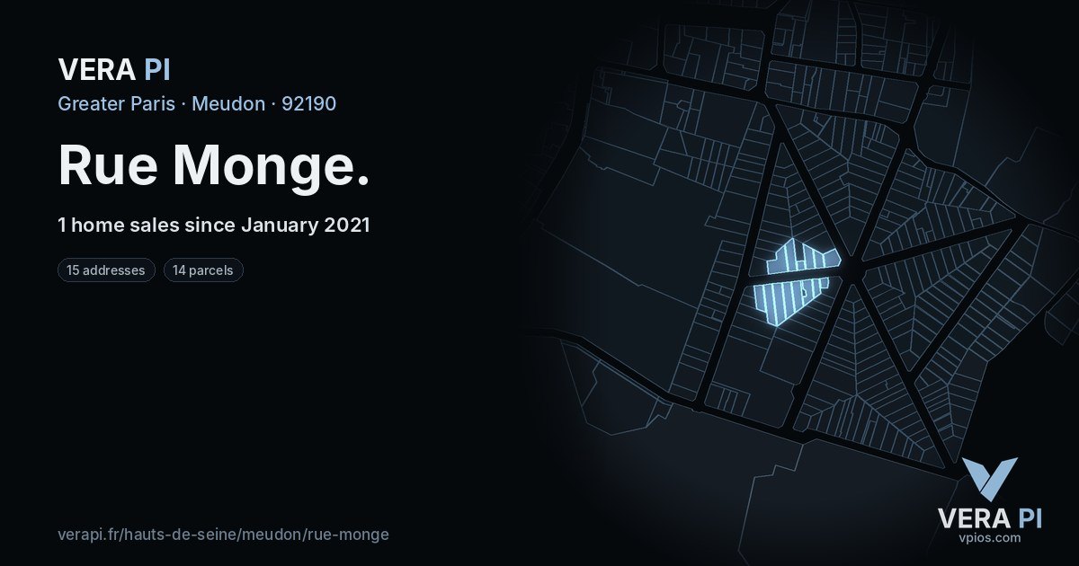 Rue Monge, Meudon at night – every parcel coloured by the prices around it, the street's own parcels lit