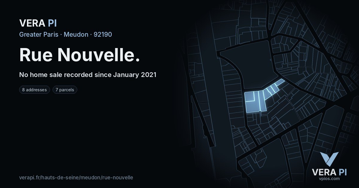 Rue Nouvelle, Meudon at night – every parcel coloured by the prices around it, the street's own parcels lit