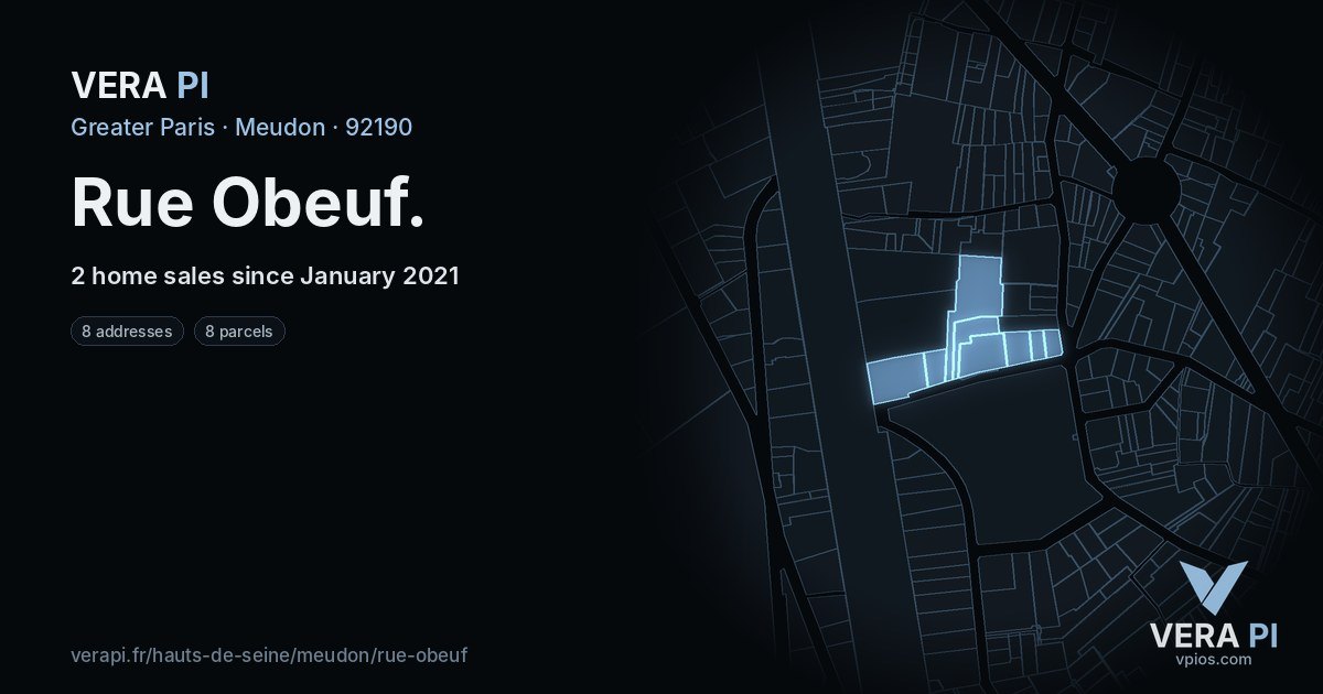 Rue Obeuf, Meudon at night – every parcel coloured by the prices around it, the street's own parcels lit