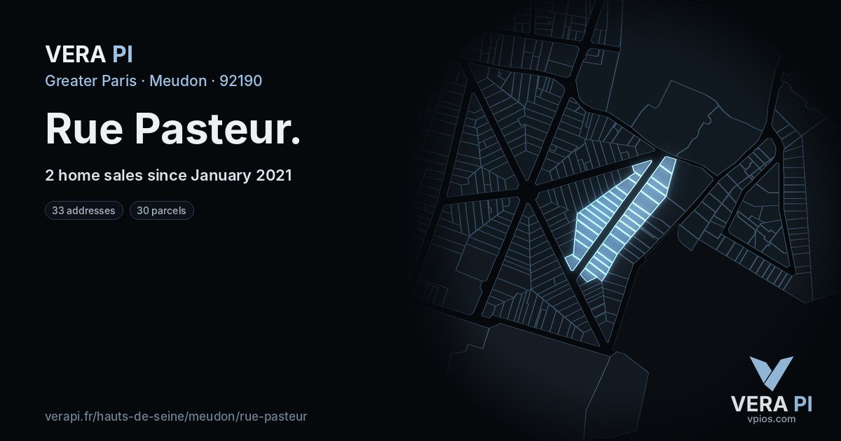 Rue Pasteur, Meudon at night – every parcel coloured by the prices around it, the street's own parcels lit