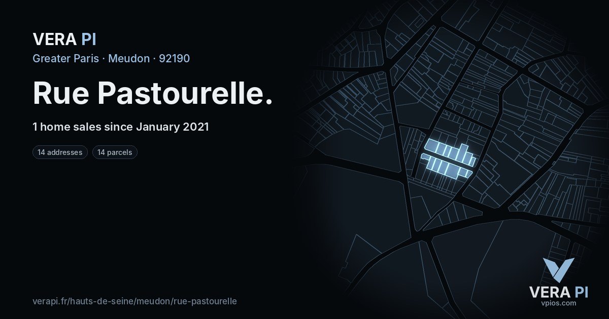 Rue Pastourelle, Meudon at night – every parcel coloured by the prices around it, the street's own parcels lit
