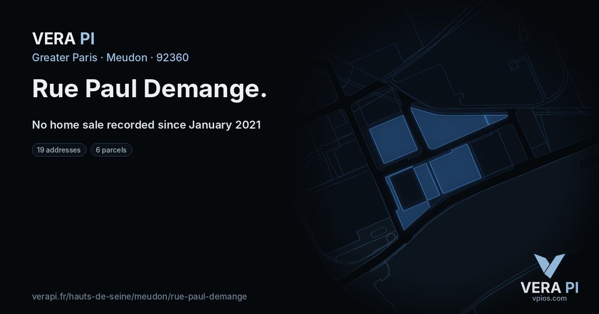 Rue Paul Demange, Meudon at night – every parcel coloured by the prices around it, the street's own parcels lit
