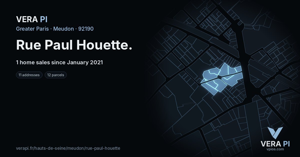 Rue Paul Houette, Meudon at night – every parcel coloured by the prices around it, the street's own parcels lit