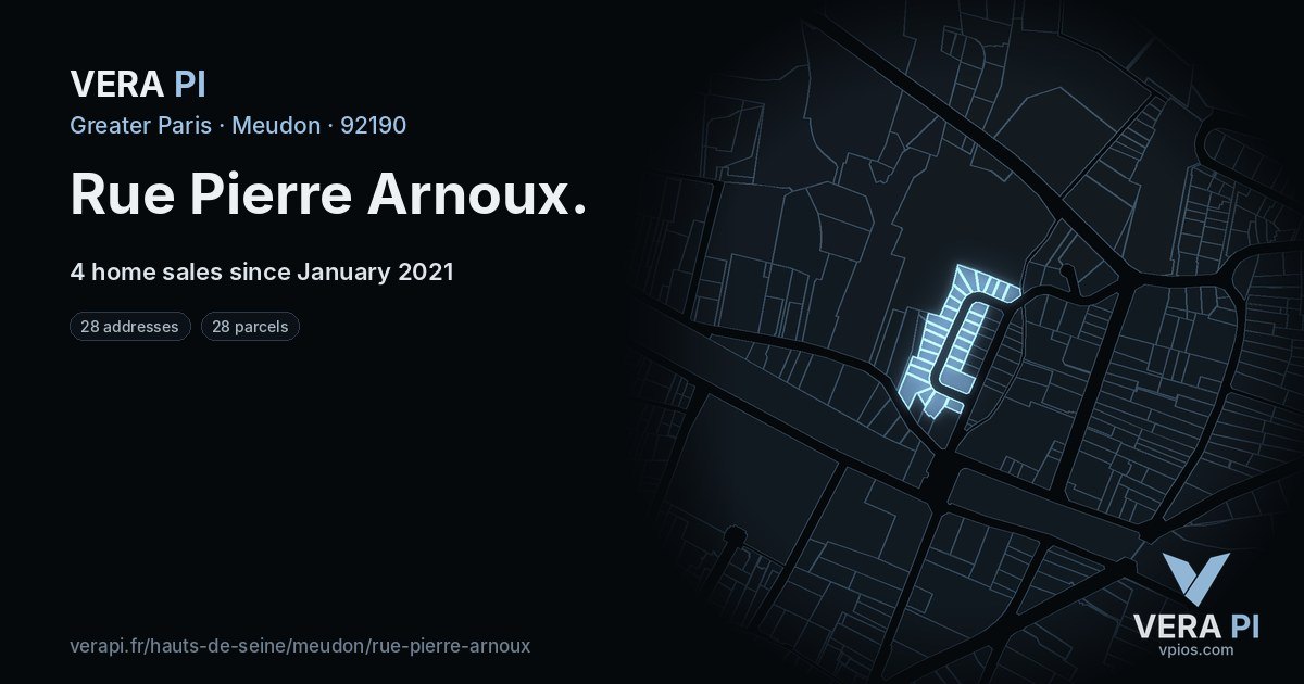 Rue Pierre Arnoux, Meudon at night – every parcel coloured by the prices around it, the street's own parcels lit