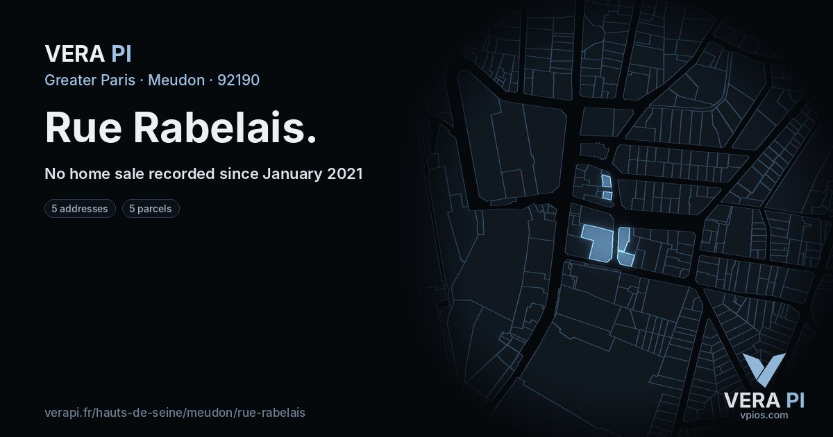 Rue Rabelais, Meudon at night – every parcel coloured by the prices around it, the street's own parcels lit