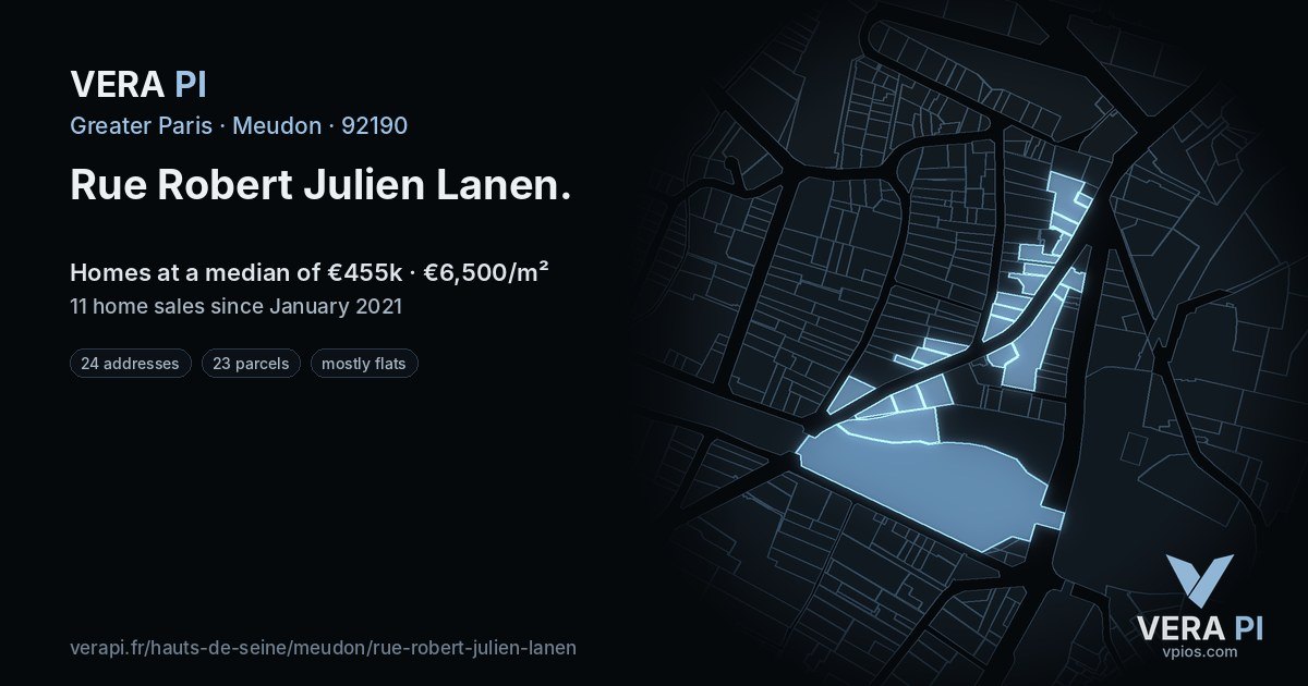 Rue Robert Julien Lanen, Meudon at night – every parcel coloured by the prices around it, the street's own parcels lit