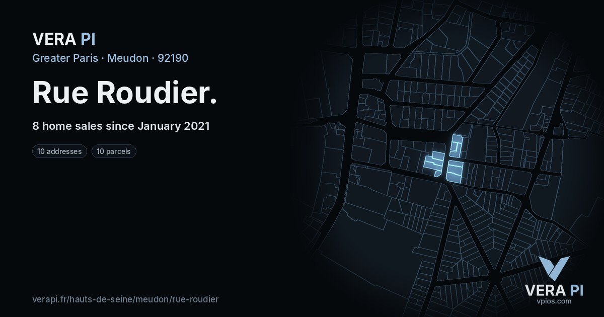 Rue Roudier, Meudon at night – every parcel coloured by the prices around it, the street's own parcels lit