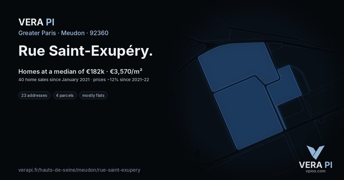 Rue Saint-Exupéry, Meudon at night – every parcel coloured by the prices around it, the street's own parcels lit