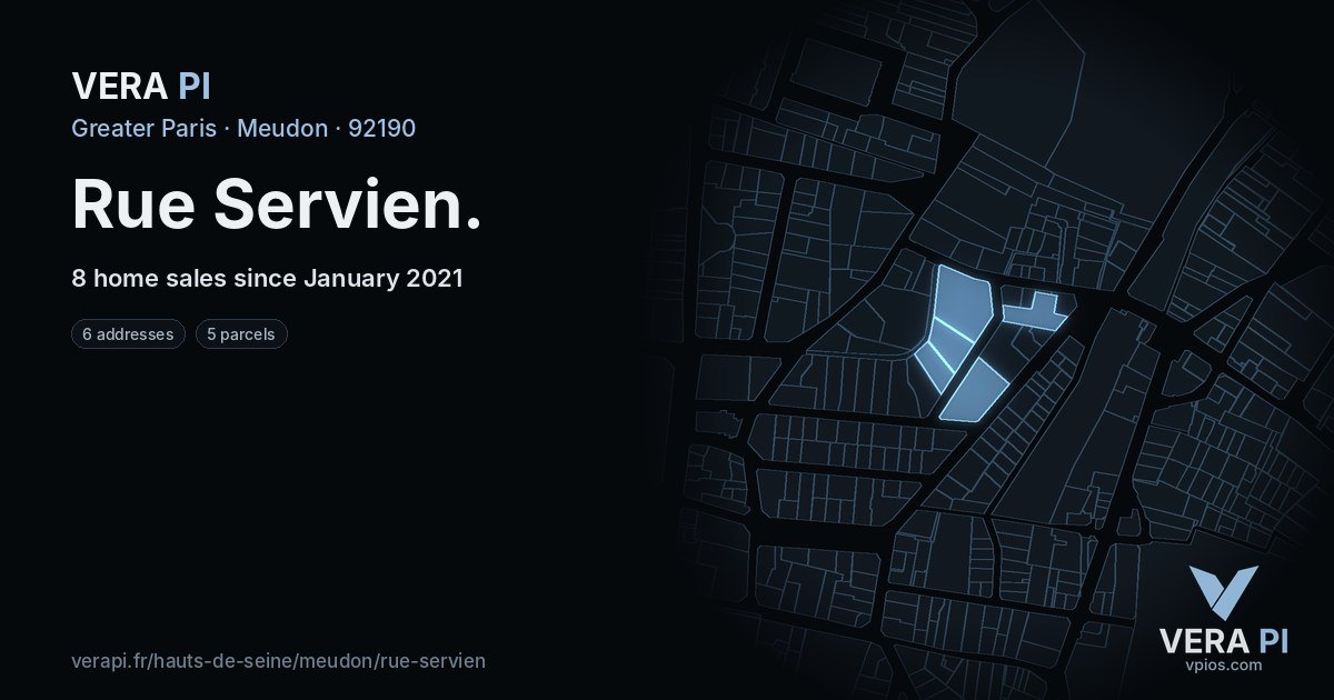 Rue Servien, Meudon at night – every parcel coloured by the prices around it, the street's own parcels lit
