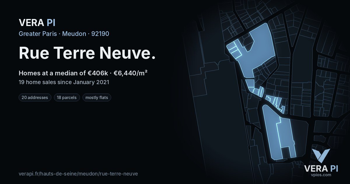 Rue Terre Neuve, Meudon at night – every parcel coloured by the prices around it, the street's own parcels lit