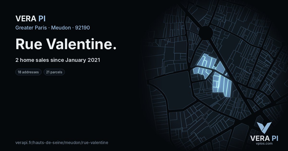 Rue Valentine, Meudon at night – every parcel coloured by the prices around it, the street's own parcels lit