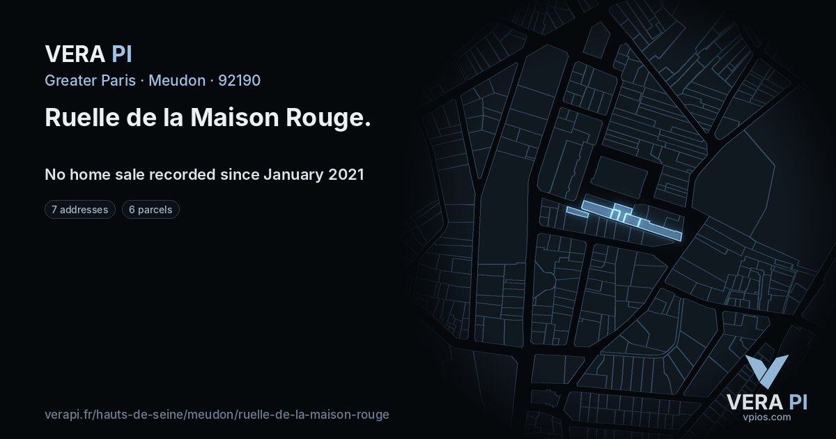 Ruelle de la Maison Rouge, Meudon at night – every parcel coloured by the prices around it, the street's own parcels lit