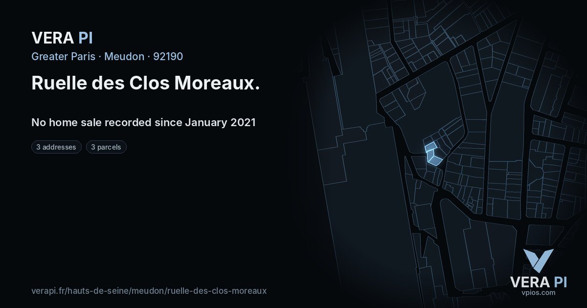 Ruelle des Clos Moreaux, Meudon at night – every parcel coloured by the prices around it, the street's own parcels lit