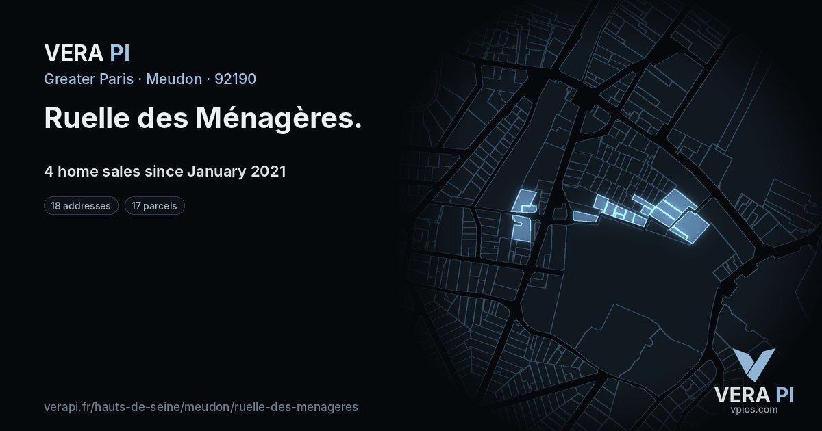 Ruelle des Ménagères, Meudon at night – every parcel coloured by the prices around it, the street's own parcels lit
