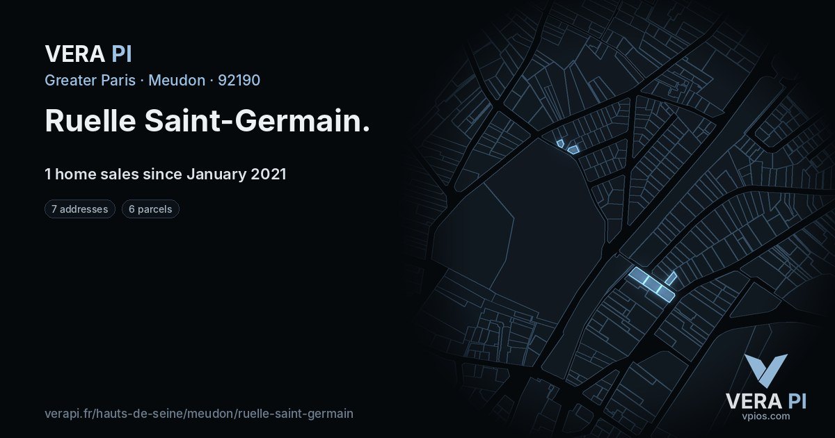 Ruelle Saint-Germain, Meudon at night – every parcel coloured by the prices around it, the street's own parcels lit