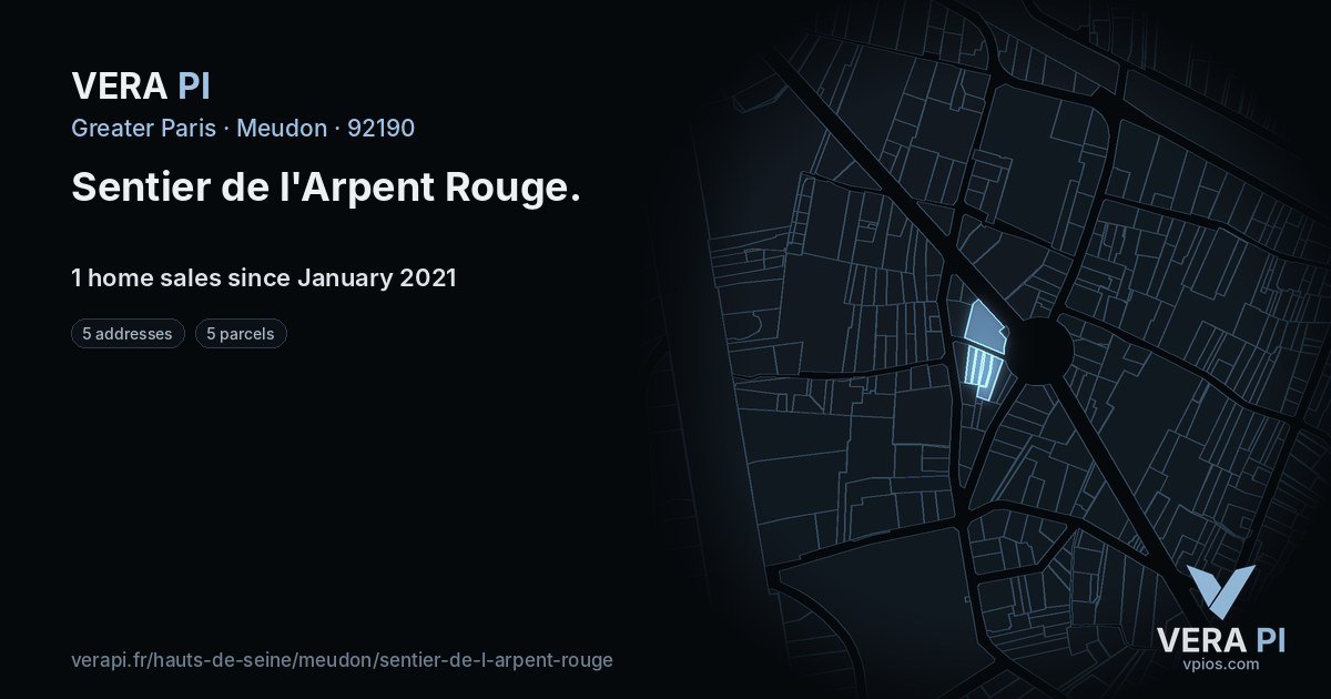Sentier de l'Arpent Rouge, Meudon at night – every parcel coloured by the prices around it, the street's own parcels lit