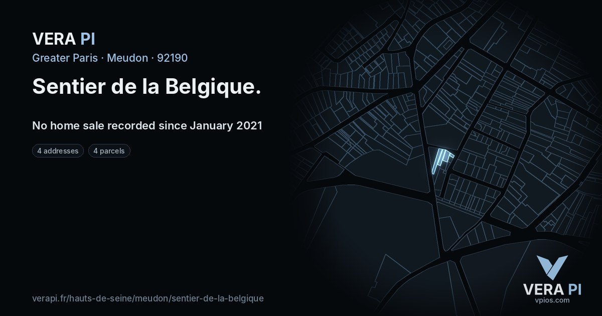 Sentier de la Belgique, Meudon at night – every parcel coloured by the prices around it, the street's own parcels lit