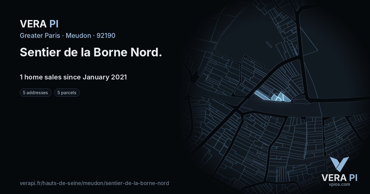 Sentier de la Borne Nord, Meudon at night – every parcel coloured by the prices around it, the street's own parcels lit