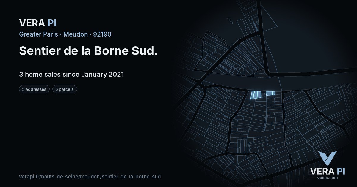 Sentier de la Borne Sud, Meudon at night – every parcel coloured by the prices around it, the street's own parcels lit