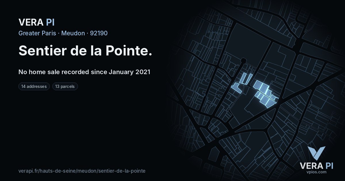 Sentier de la Pointe, Meudon at night – every parcel coloured by the prices around it, the street's own parcels lit