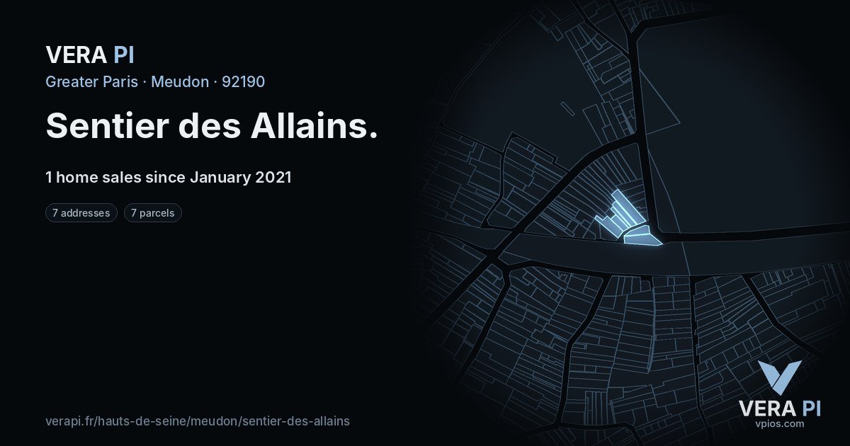 Sentier des Allains, Meudon at night – every parcel coloured by the prices around it, the street's own parcels lit