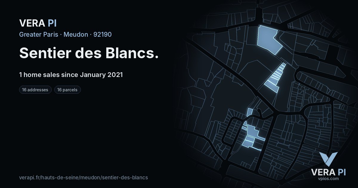 Sentier des Blancs, Meudon at night – every parcel coloured by the prices around it, the street's own parcels lit