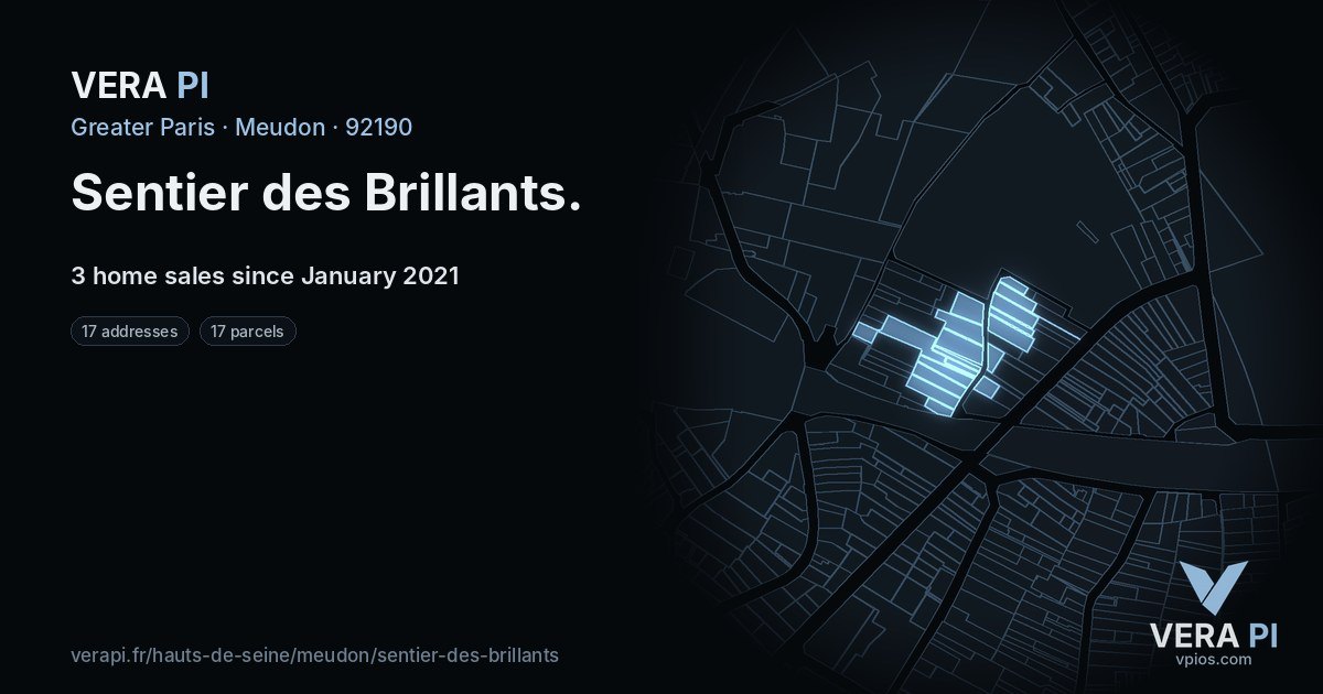 Sentier des Brillants, Meudon at night – every parcel coloured by the prices around it, the street's own parcels lit