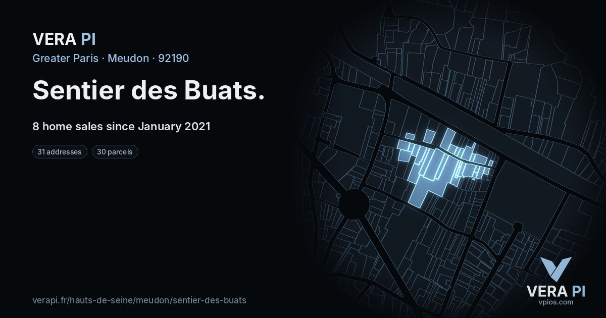 Sentier des Buats, Meudon at night – every parcel coloured by the prices around it, the street's own parcels lit