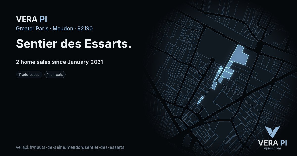 Sentier des Essarts, Meudon at night – every parcel coloured by the prices around it, the street's own parcels lit