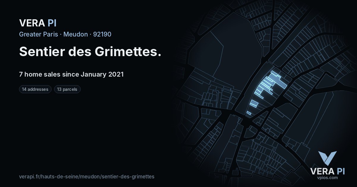 Sentier des Grimettes, Meudon at night – every parcel coloured by the prices around it, the street's own parcels lit