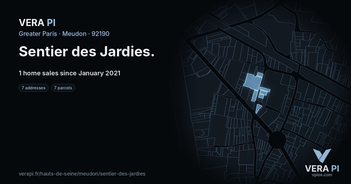 Sentier des Jardies, Meudon at night – every parcel coloured by the prices around it, the street's own parcels lit