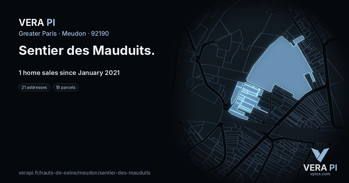 Sentier des Mauduits, Meudon at night – every parcel coloured by the prices around it, the street's own parcels lit