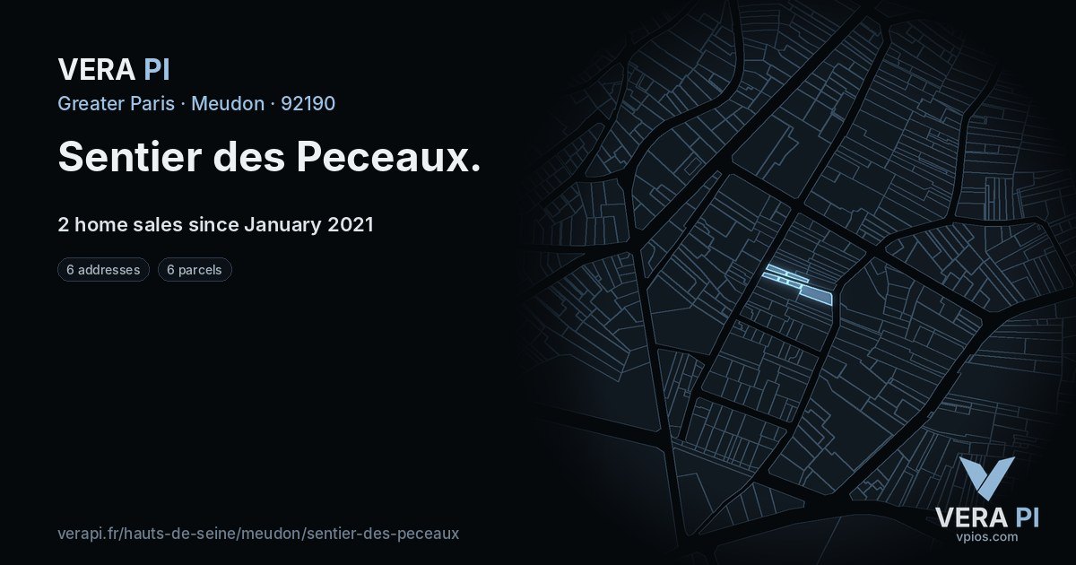Sentier des Peceaux, Meudon at night – every parcel coloured by the prices around it, the street's own parcels lit