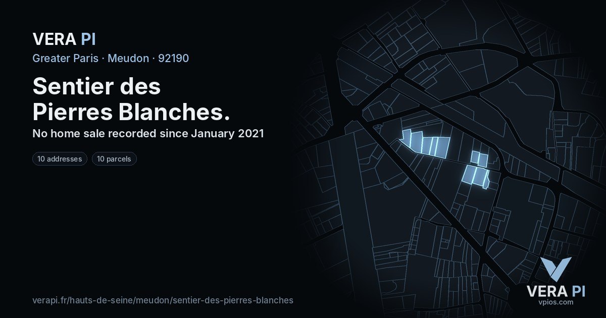Sentier des Pierres Blanches, Meudon at night – every parcel coloured by the prices around it, the street's own parcels lit