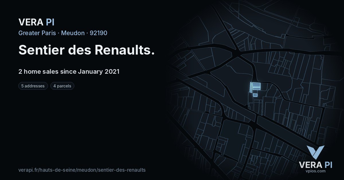 Sentier des Renaults, Meudon at night – every parcel coloured by the prices around it, the street's own parcels lit